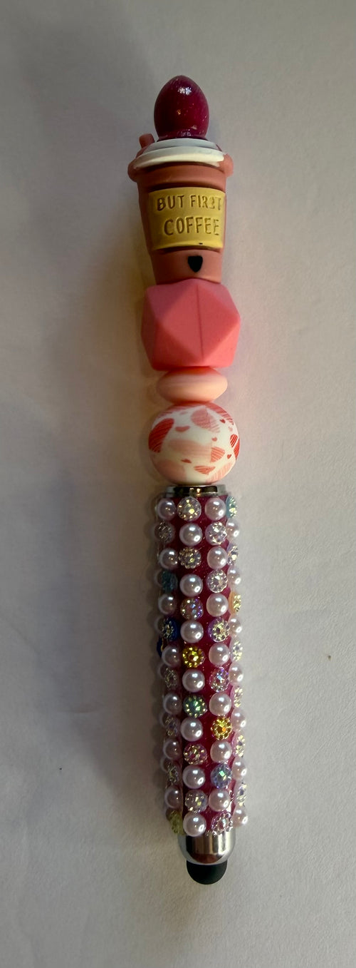 But First Coffee beaded stylus with pink beads and pearl rhinestone encrusted handle