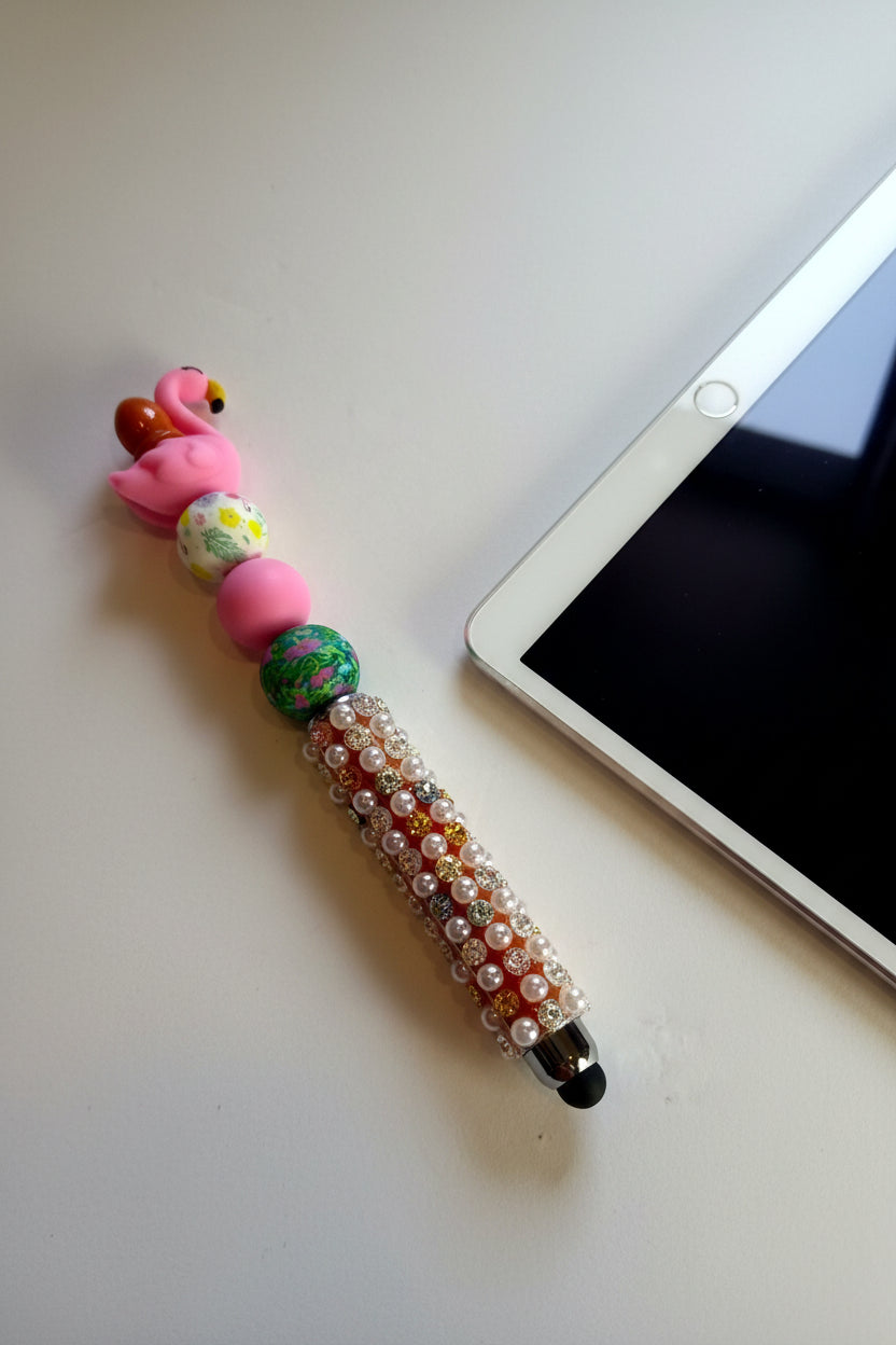 Pink flamingo beaded stylus with tropical floral beads and pearl gold rhinestone encrusted handle