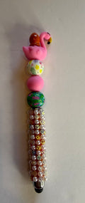 Pink flamingo beaded stylus with tropical floral beads and pearl gold rhinestone encrusted handle