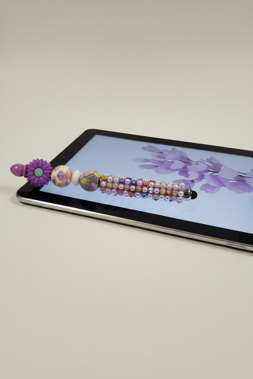 Purple daisy beaded stylus with floral print beads and pearl multicolor rhinestone encrusted handle