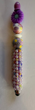 Purple daisy beaded stylus with floral print beads and pearl multicolor rhinestone encrusted handle