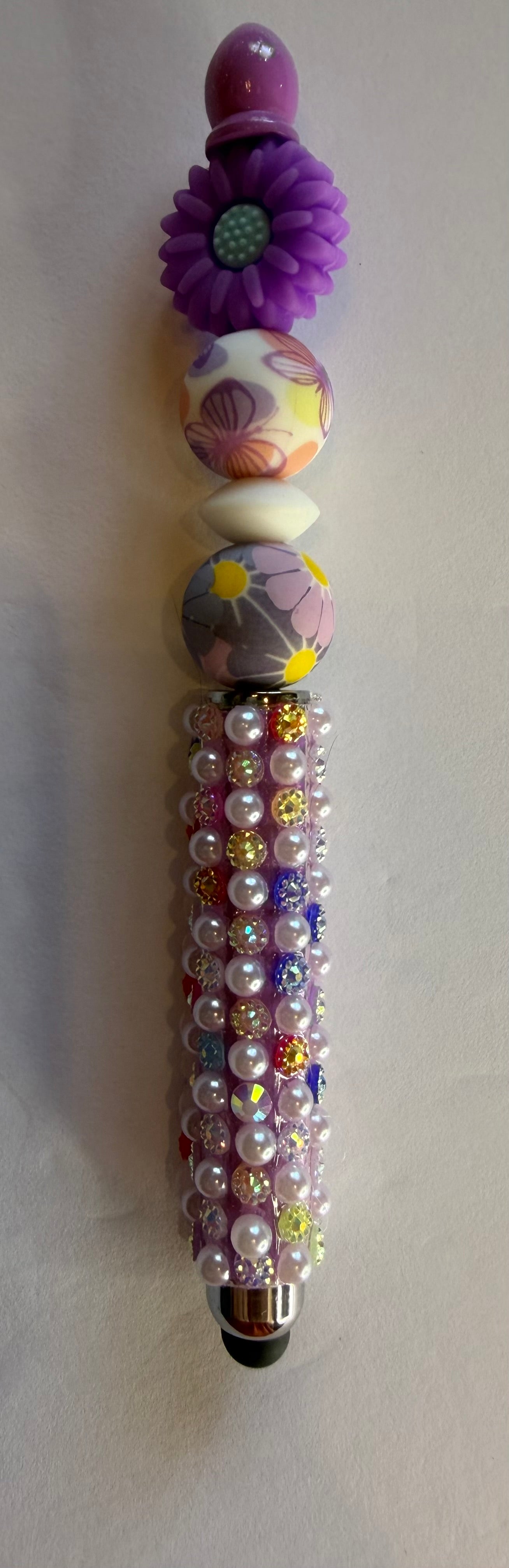 Purple daisy beaded stylus with floral print beads and pearl multicolor rhinestone encrusted handle