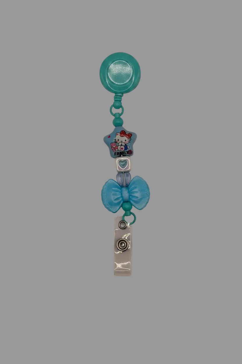 Teal Hello Kitty Bow Beaded Badge Reel Lanyard