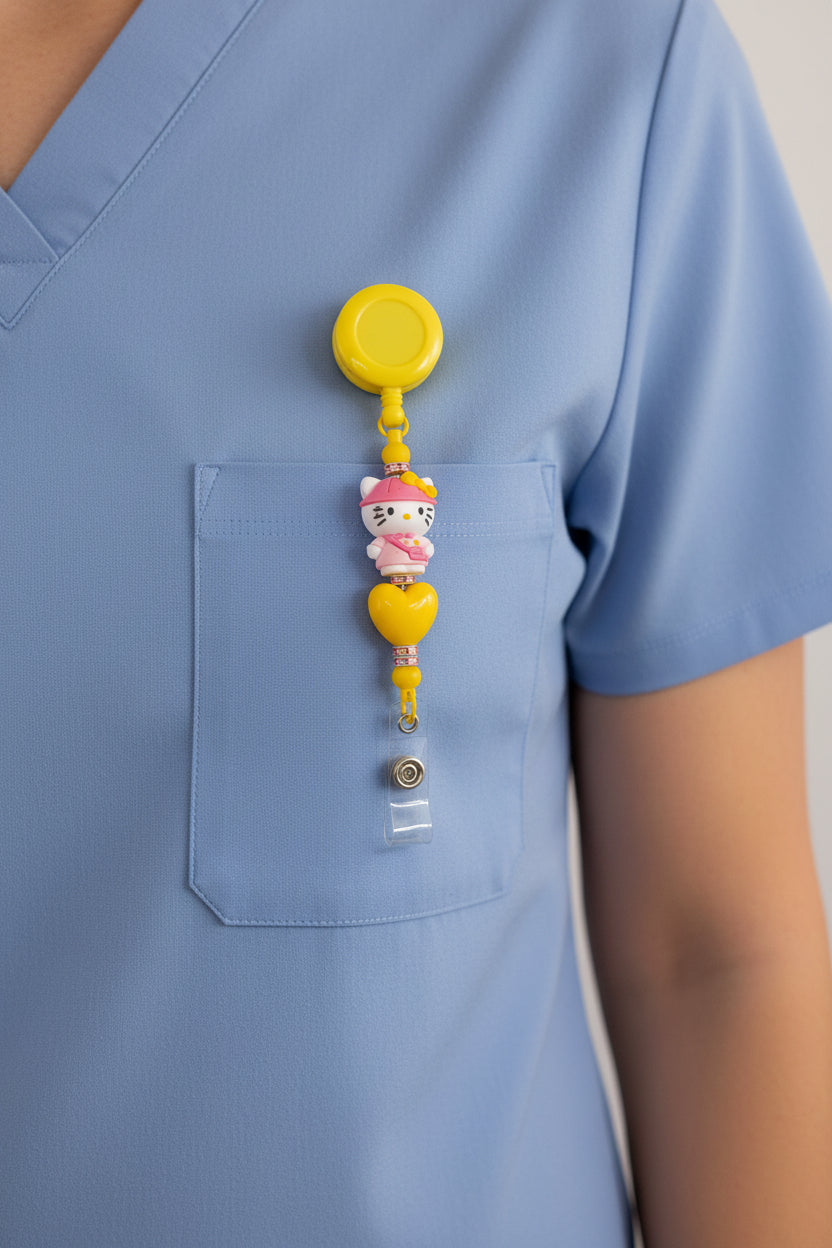 Yellow Hello Kitty heart beaded badge reel lanyard