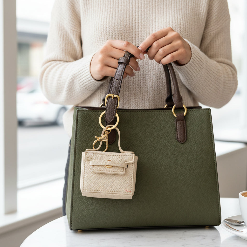 Cream pebbled vegan leather structured mini purse keychain with gold-tone hardware