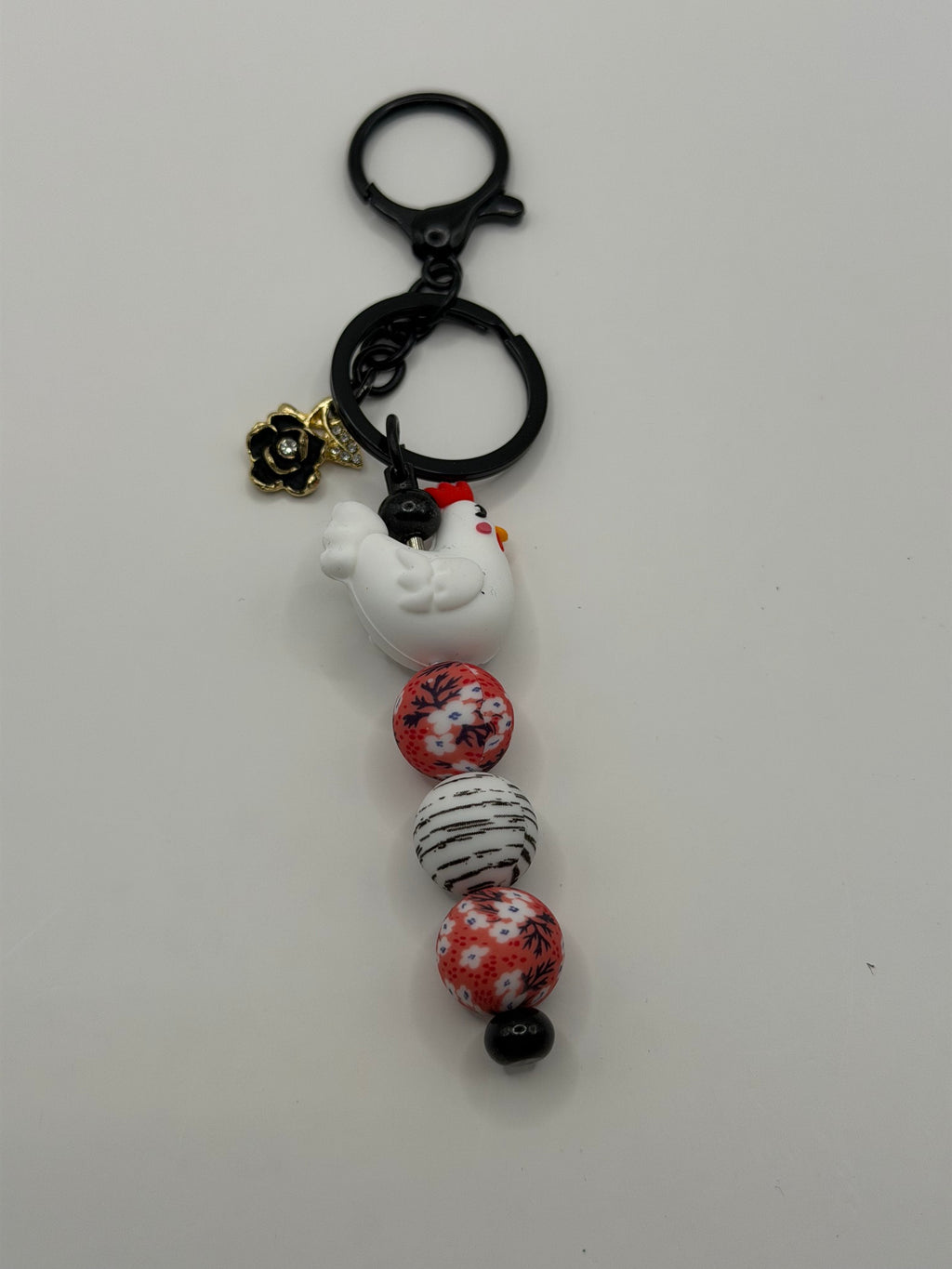 White Chicken Pink Floral Beaded Keychain