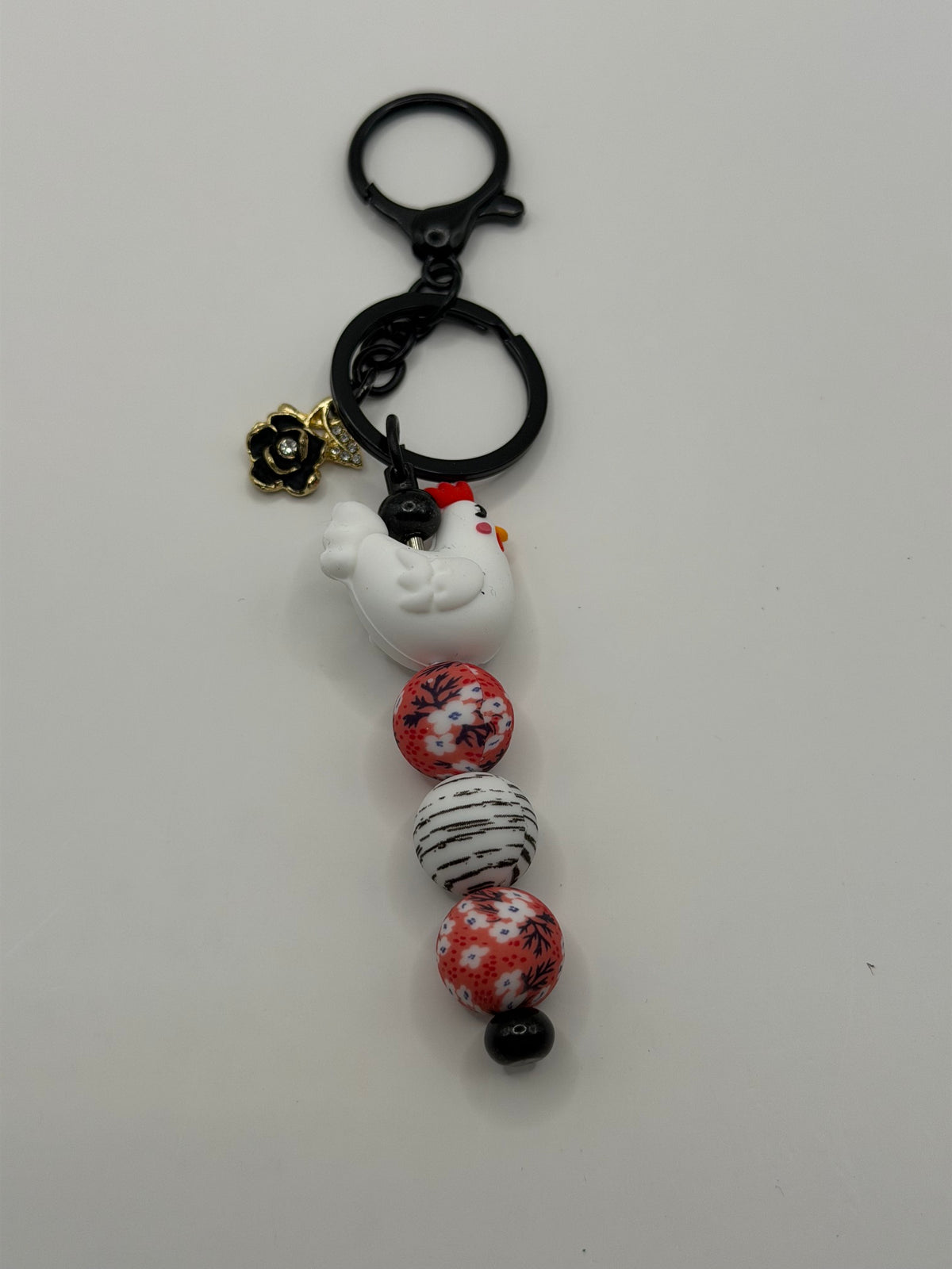 White Chicken Pink Floral Beaded Keychain