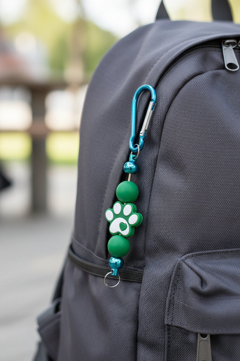 Green paw print beaded keychain with metallic blue accent beads and blue carabiner