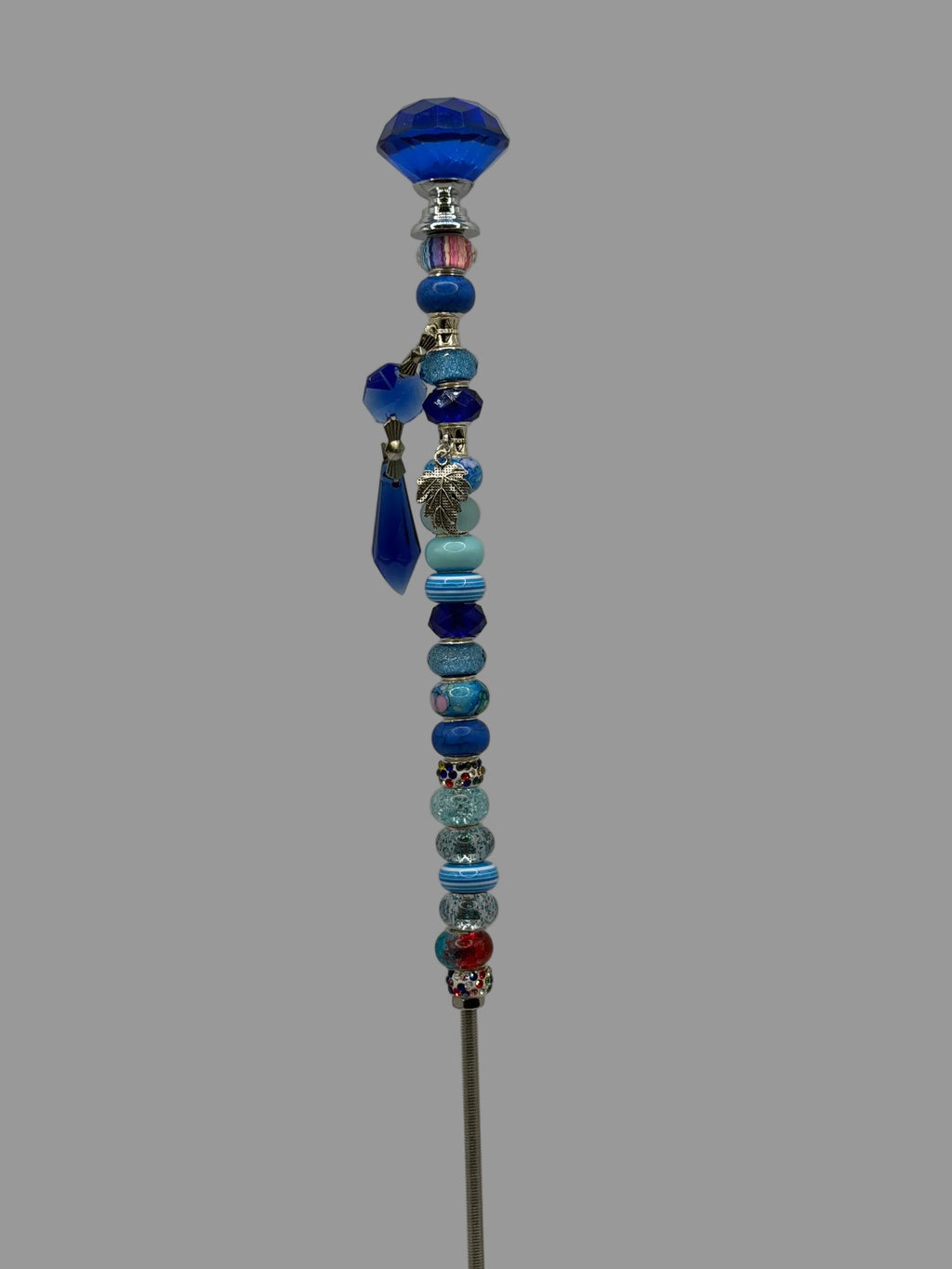 Handmade blue beaded garden wand stake with jewel topper and leaf charm