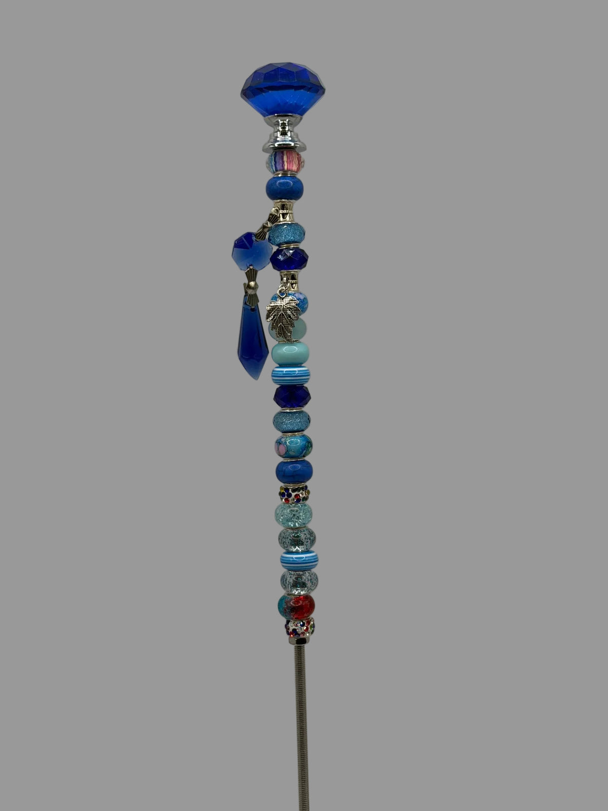 Handmade blue beaded garden wand stake with jewel topper and leaf charm