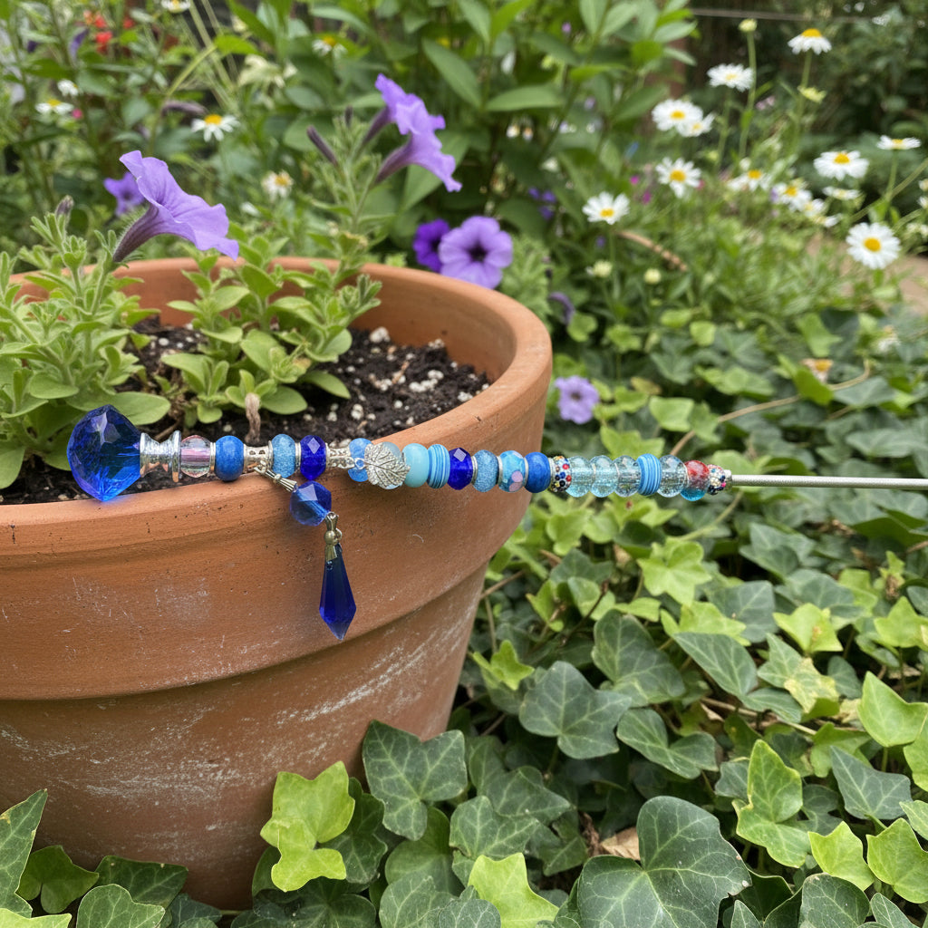 Handmade blue beaded garden wand stake with faceted blue jewel topper, silver leaf charm and crystal drop accent