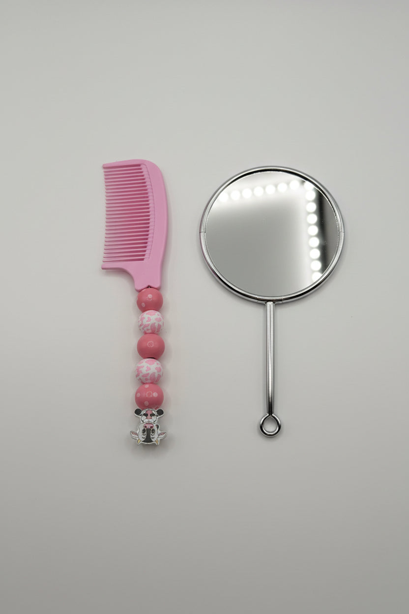 Pink cow beaded comb with silver cow charm