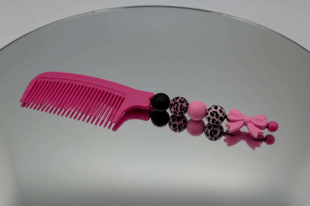 Hot Pink Leopard Beaded Comb with Bow Charm