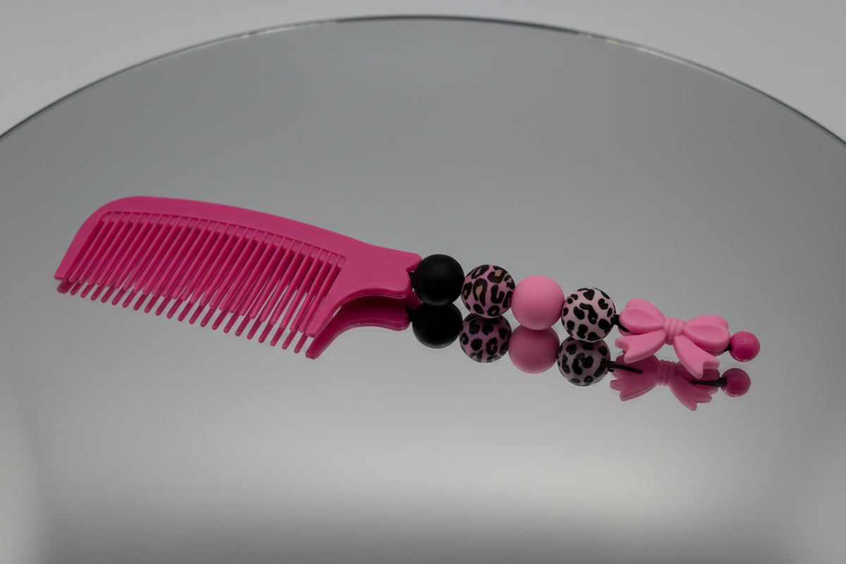 Hot Pink Leopard Beaded Comb with Bow Charm