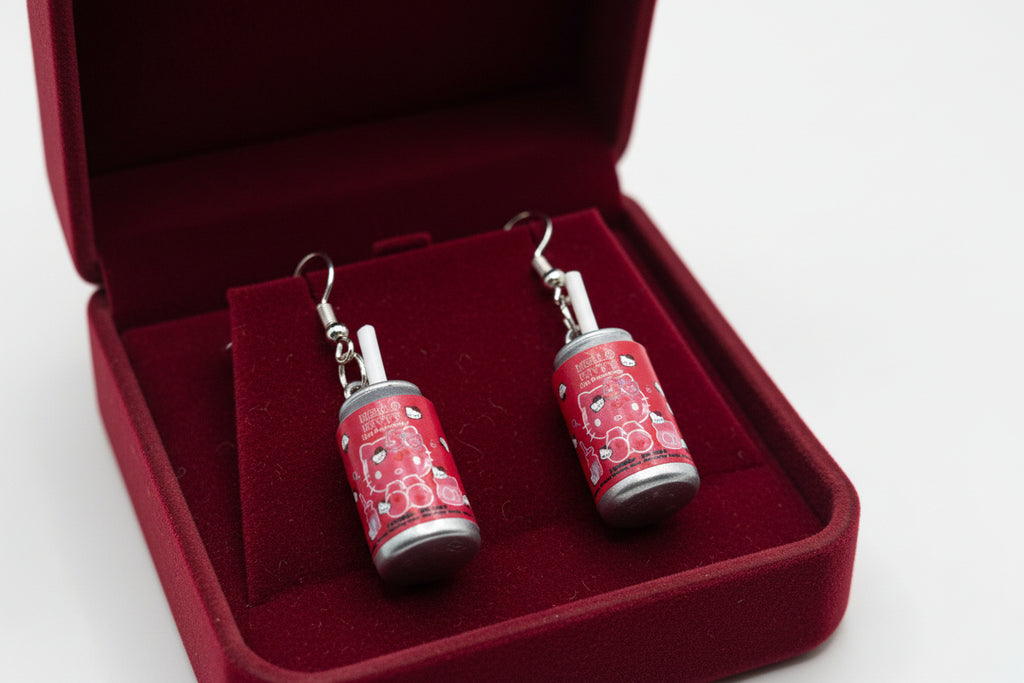 Hello Kitty 50th Anniversary soda can dangle earrings in red with silver fish hook backs