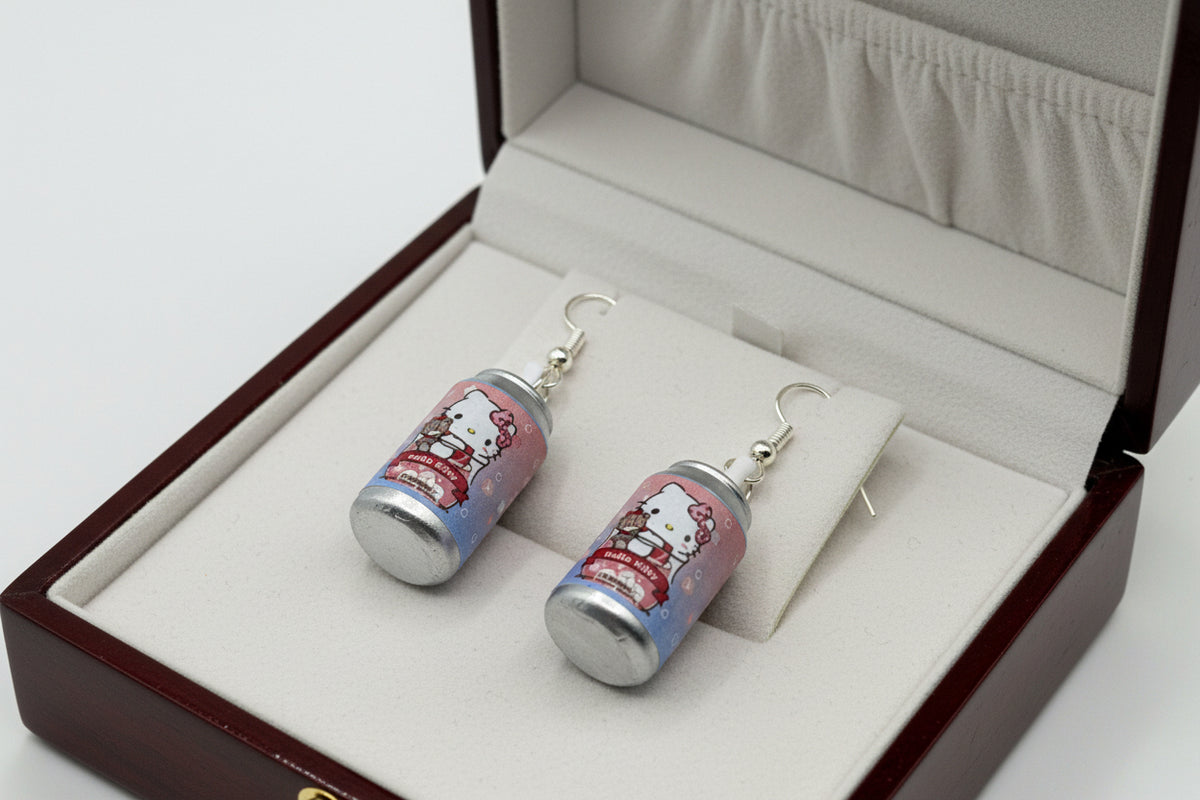Hello Kitty pastel pink and lavender soda can dangle earrings with silver fish hook backs