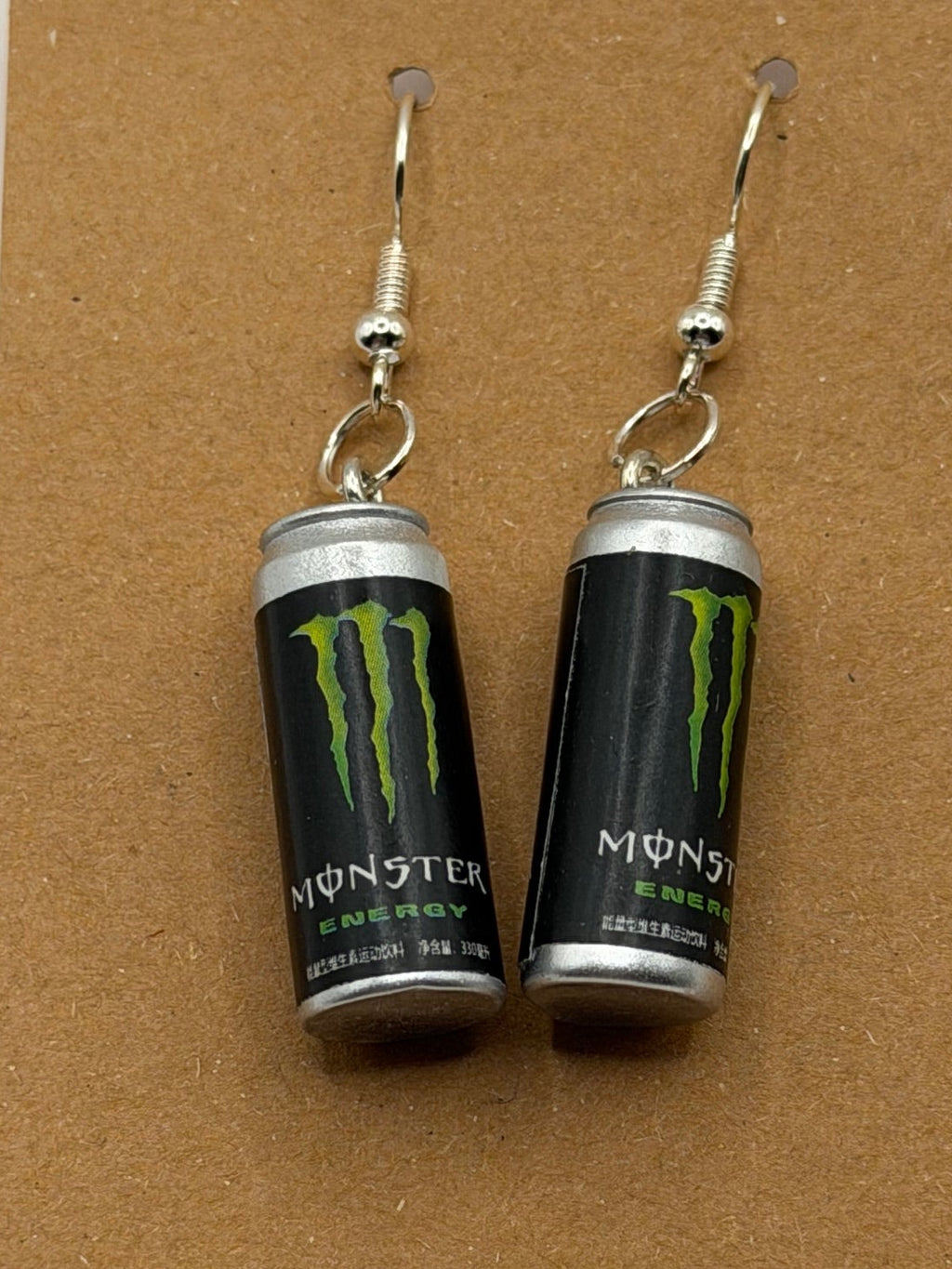 Monster Energy can dangle earrings in black and green with silver fish hook backs