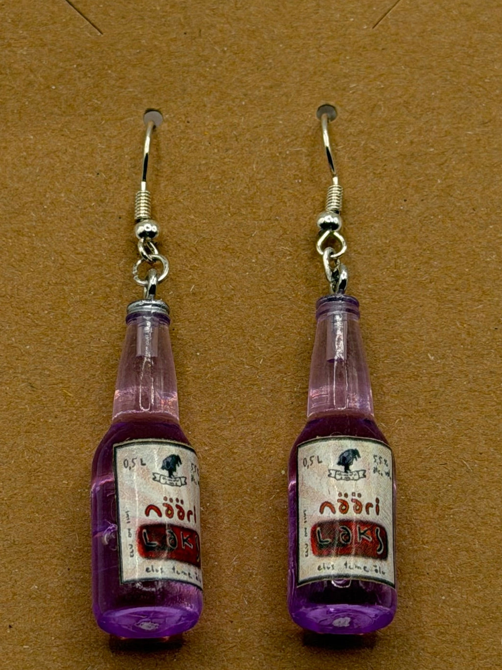 Miniature purple soda bottle dangle earrings with vintage label and silver fish hook backs