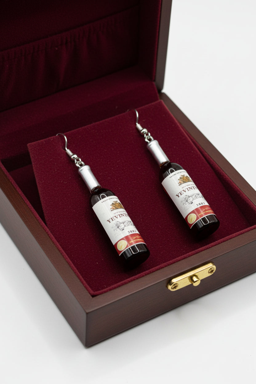 Miniature wine bottle dangle earrings with Yevintne 2002 dry red wine label and silver fish hook backs