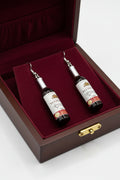 Miniature wine bottle dangle earrings with Yevintne 2002 dry red wine label and silver fish hook backs
