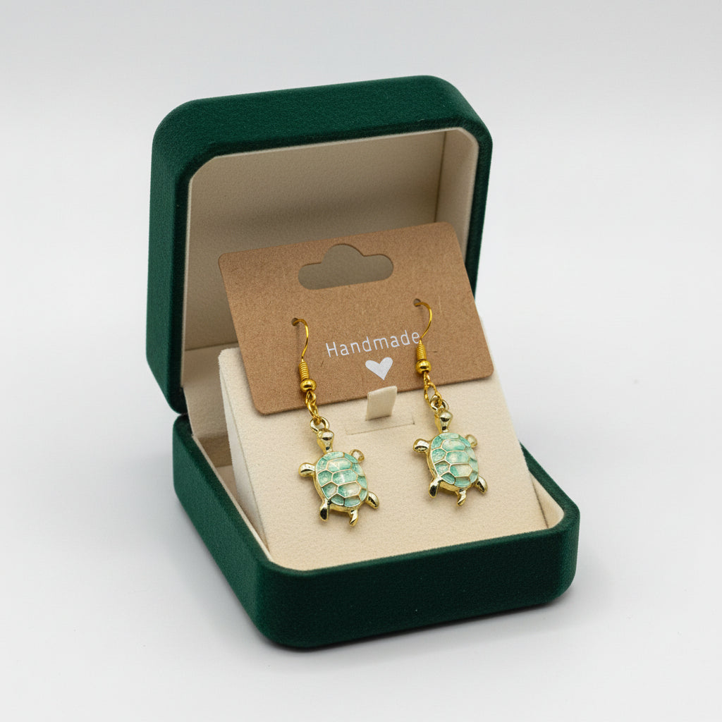 Gold Sea Turtle Green Enamel Dangle Earrings