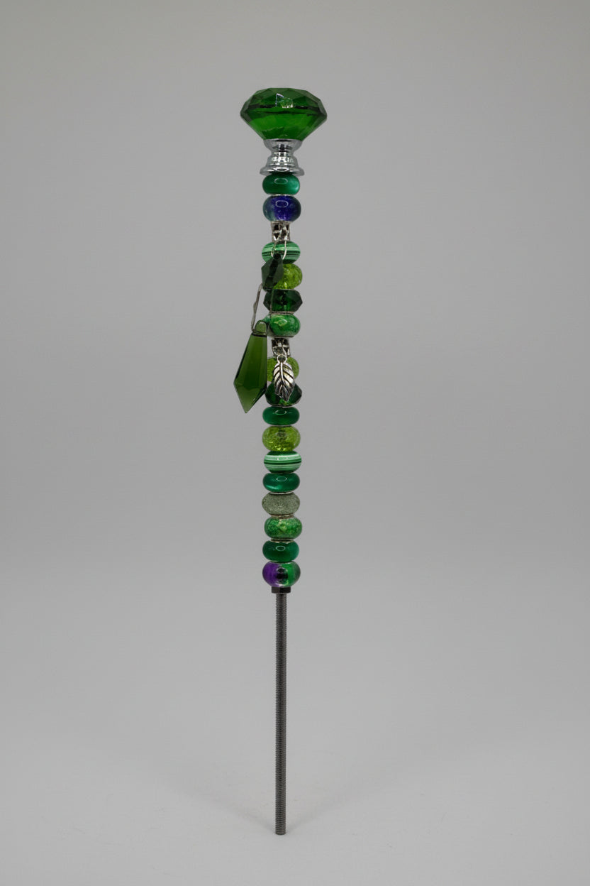 Handmade Green Beaded Garden Wand Stake with Jewel & Feather Charm