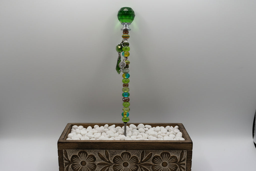 Handmade green beaded garden wand stake with faceted green crystal ball topper, silver Tree of Life charm and green crystal drop