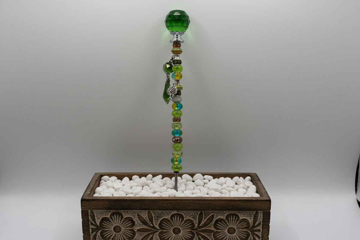 Handmade green beaded garden wand stake with faceted green crystal ball topper, silver Tree of Life charm and green crystal drop