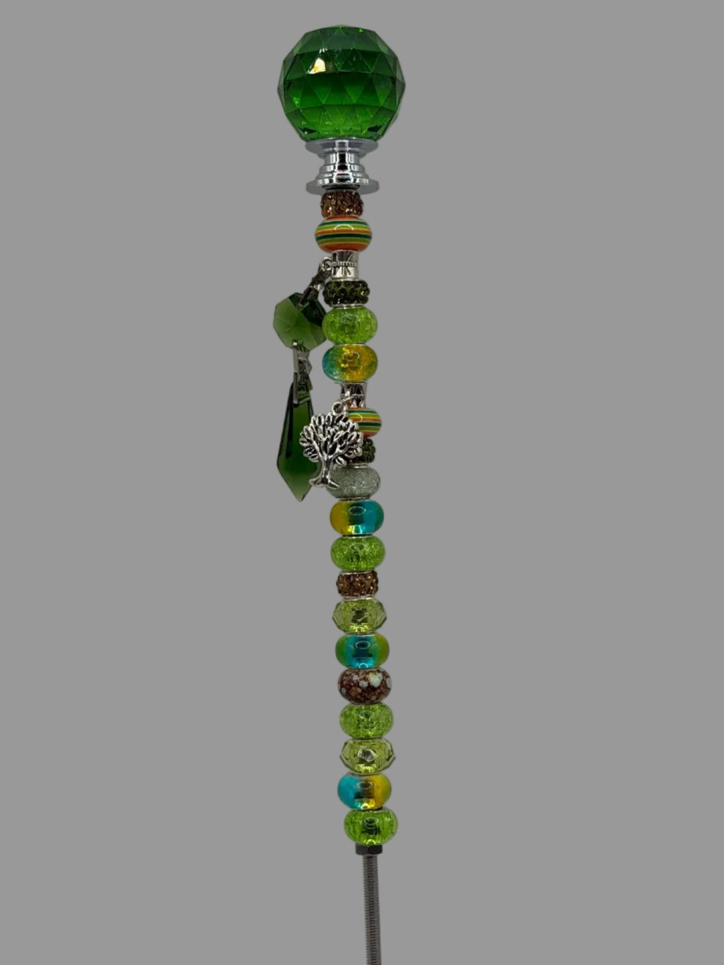Handmade Green Beaded Garden Wand Stake with Jewel & Tree of Life Charm