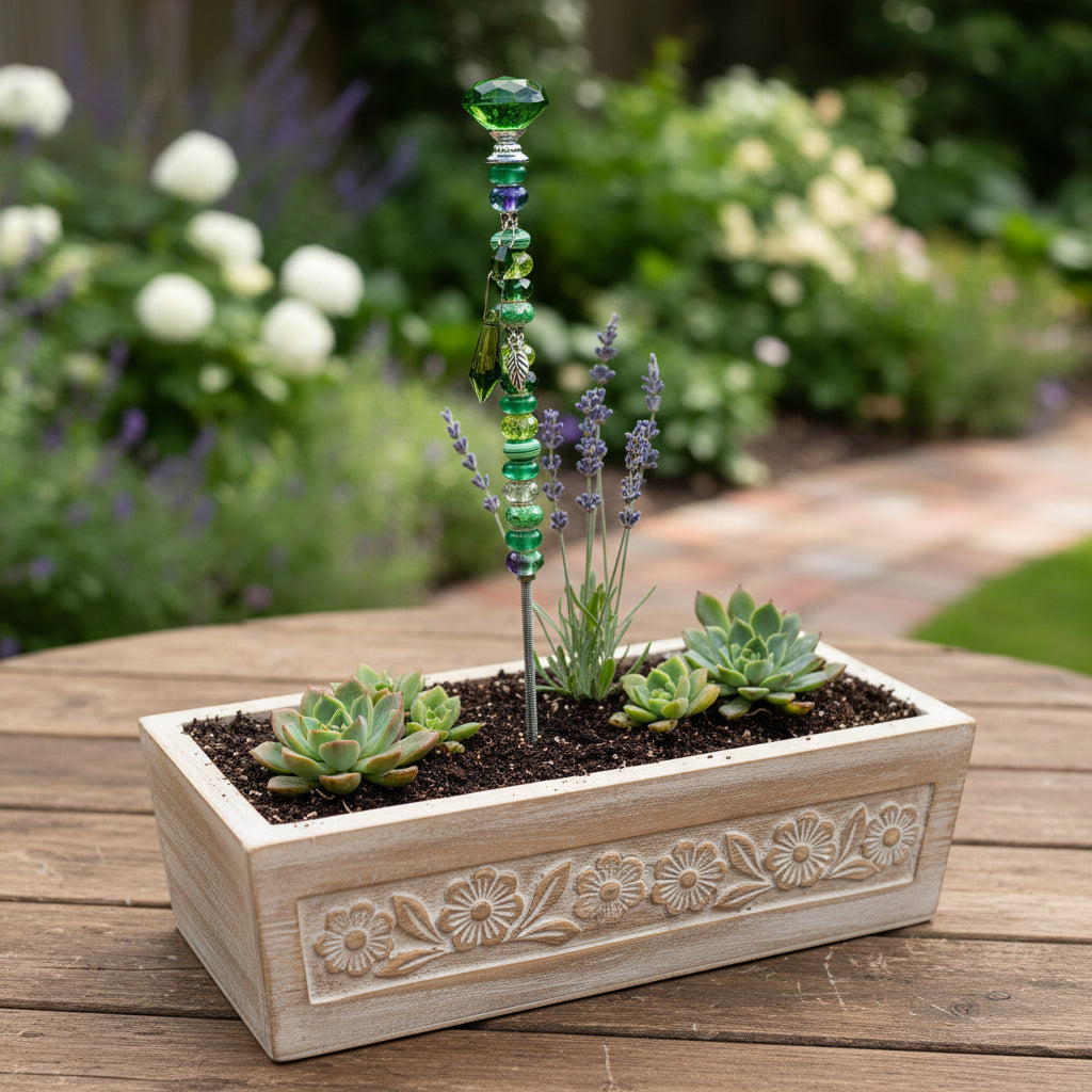 Handmade Green Beaded Garden Wand Stake with Jewel & Feather Charm