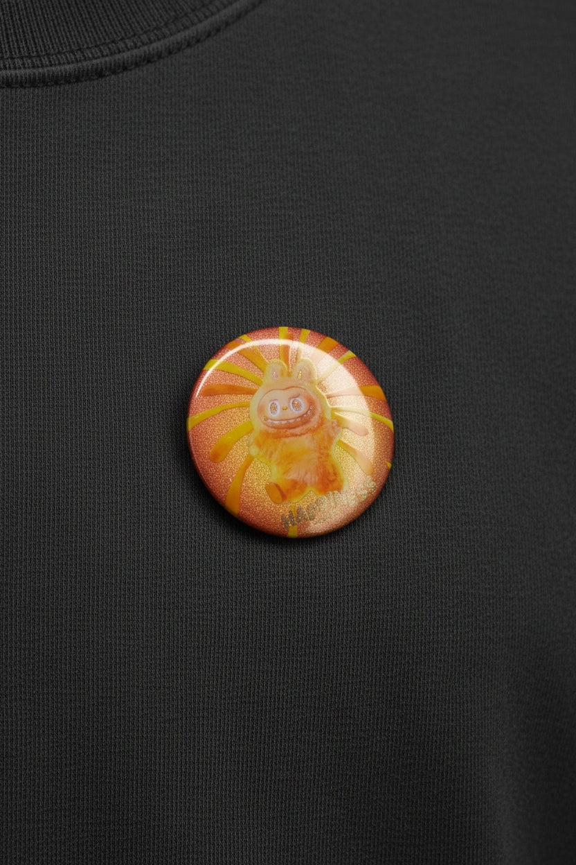 Yellow and orange Happiness character button pin beside its matching collectible card