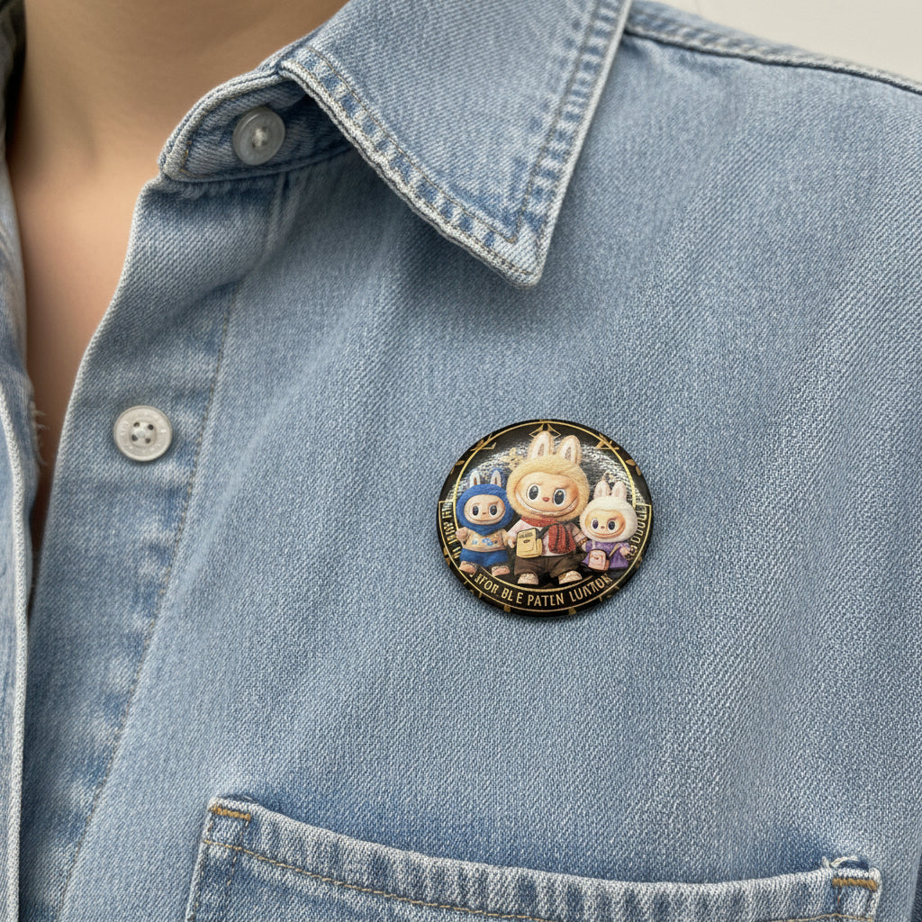 Three-character Labubu button pin beside a matching dark patterned collectible card
