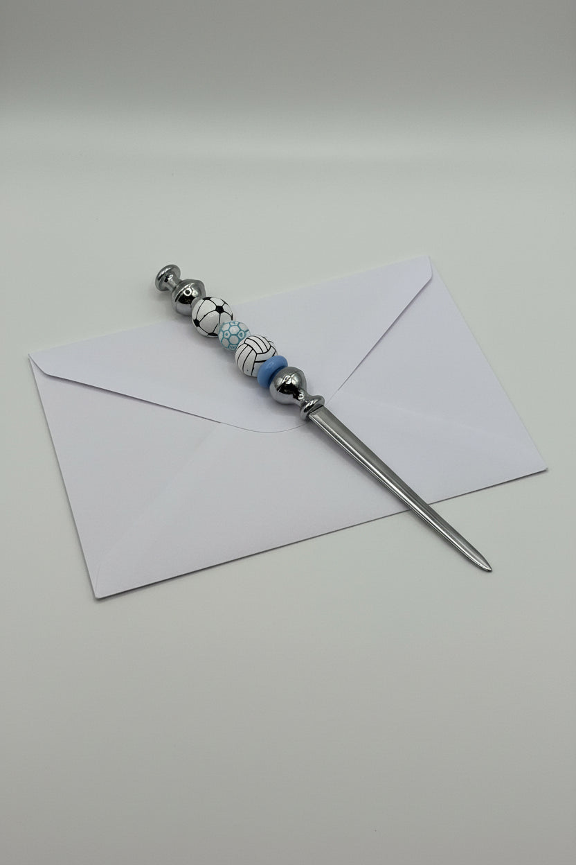 Soccer and volleyball beaded letter opener with silver metal blade