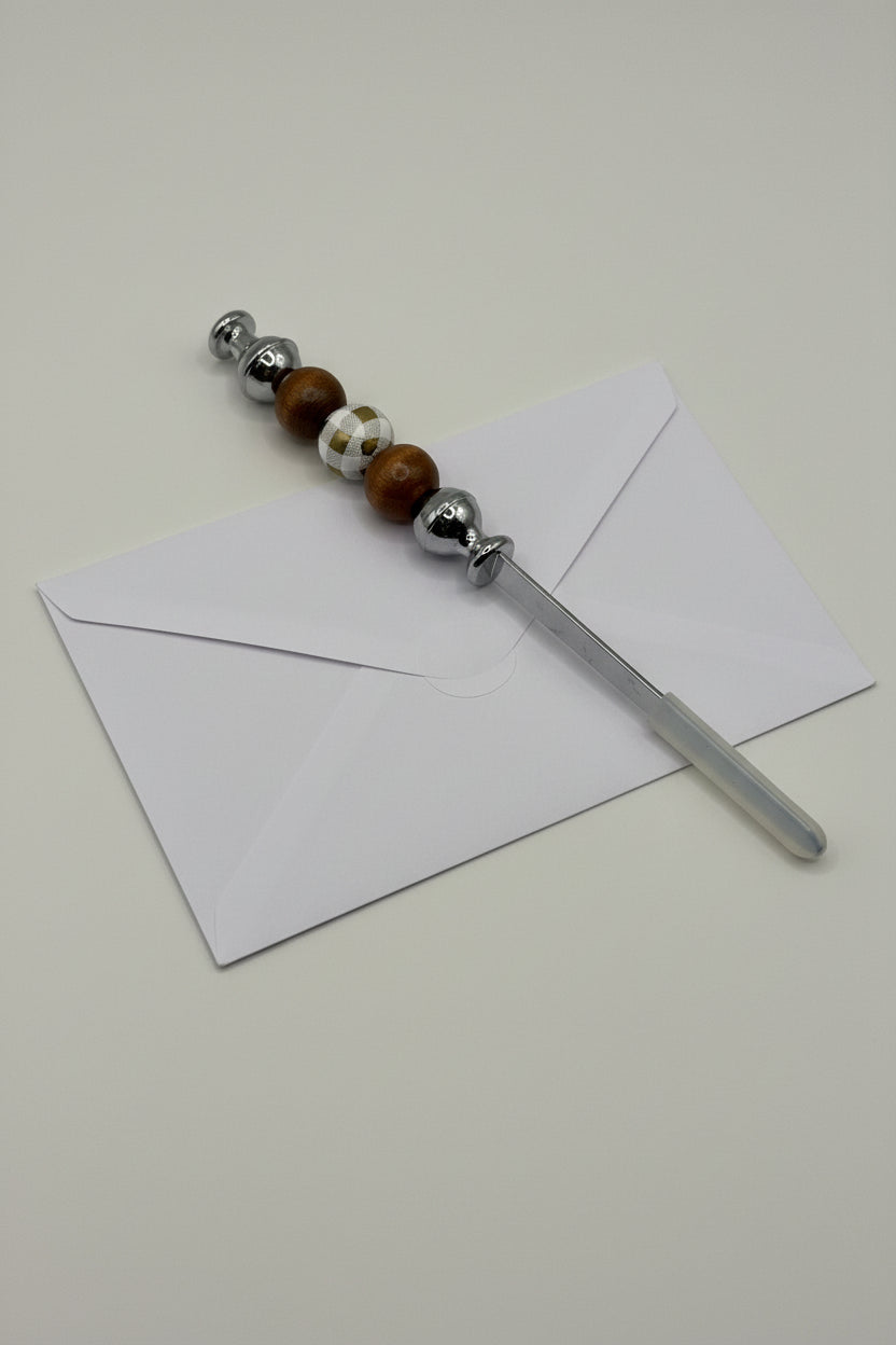 Brown wooden bead and silver soccer ball beaded letter opener