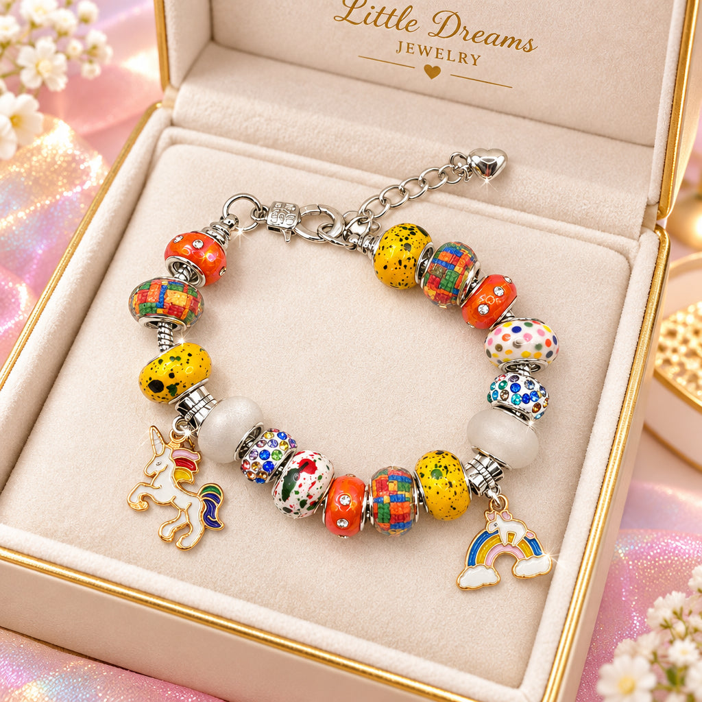Colorful Pandora-style charm bracelet with unicorn and rainbow charms
