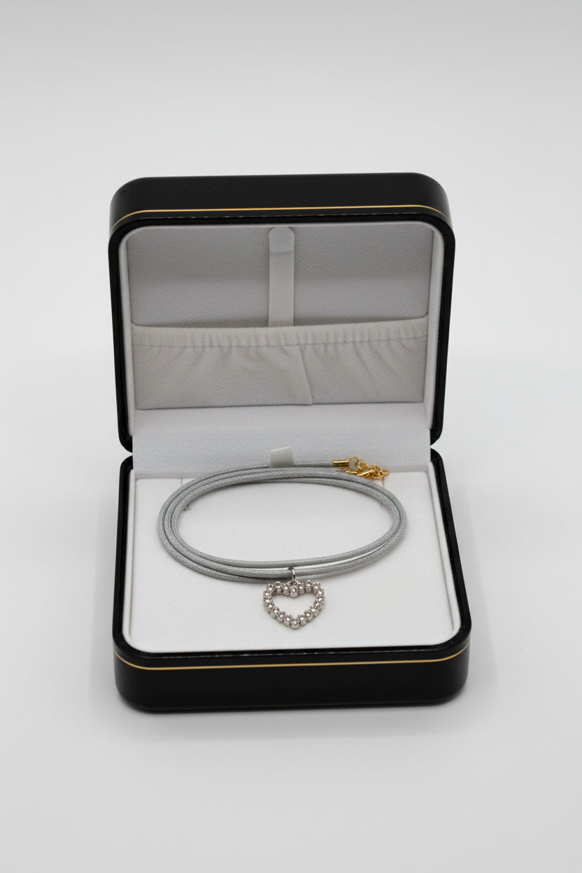 Gray Double Cord Rhinestone Heart Necklace