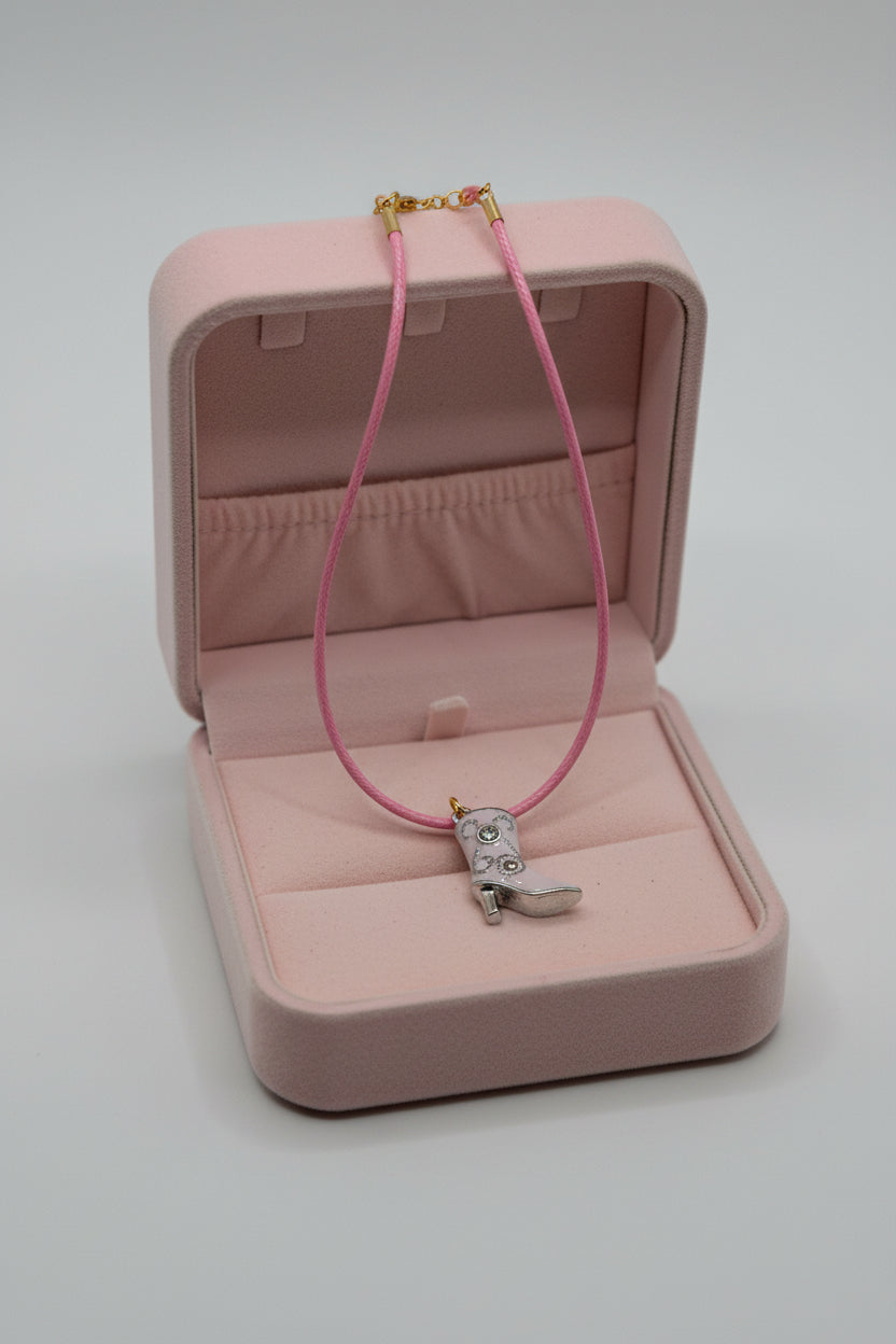 Pink Cord Rhinestone Cowboy Boot Necklace