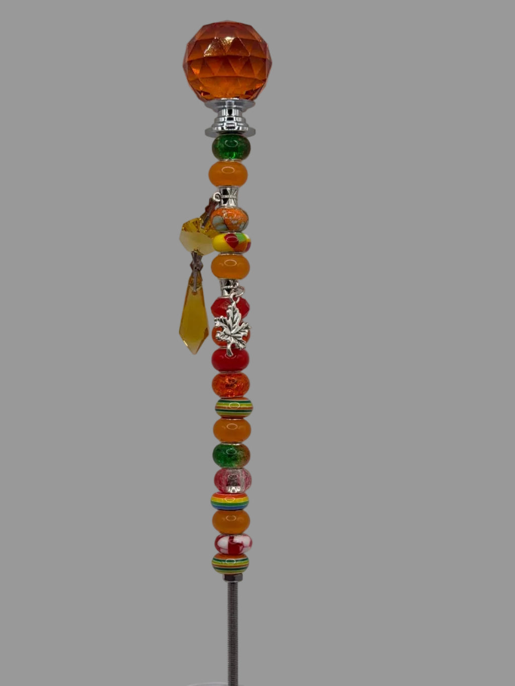 Handmade Orange Beaded Garden Wand Stake with Jewel & Maple Leaf Charm