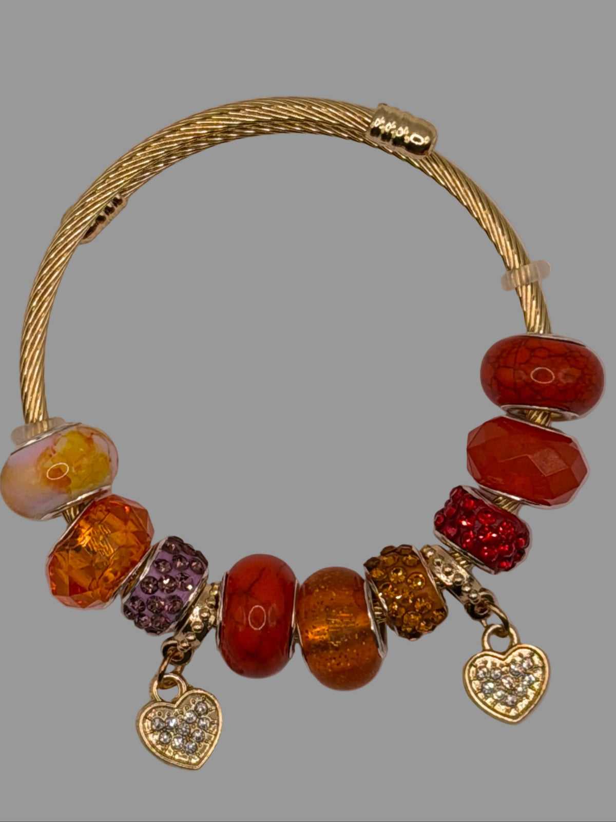 Gold Charm Bangle Bracelet with Orange Beads & Heart Charms