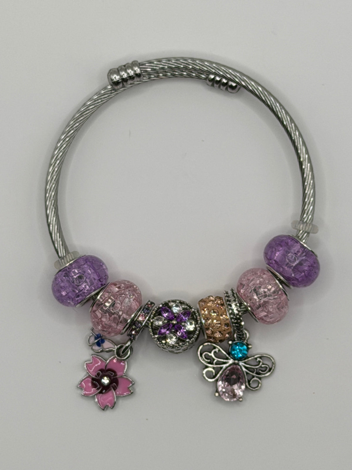 Silver Charm Bangle Bracelet with Purple Beads, Flower & Butterfly Charms