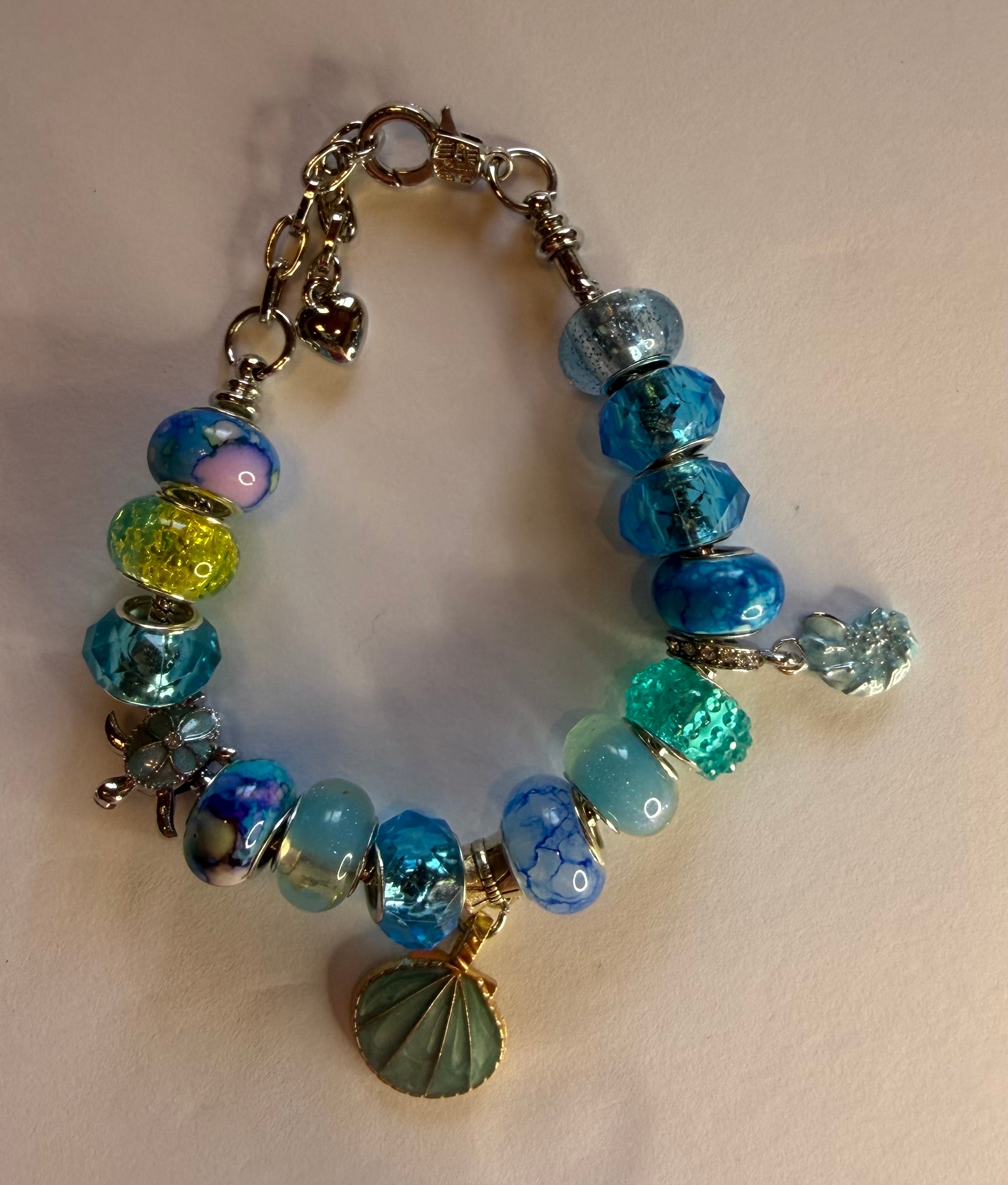 Silver ocean blue shell charm bracelet with sea turtle charm and blue crystal beads