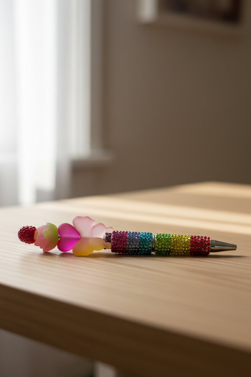 Rainbow rhinestone beaded pen with frosted butterfly and heart bead toppers