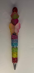 Rainbow rhinestone beaded pen with frosted butterfly and heart bead toppers