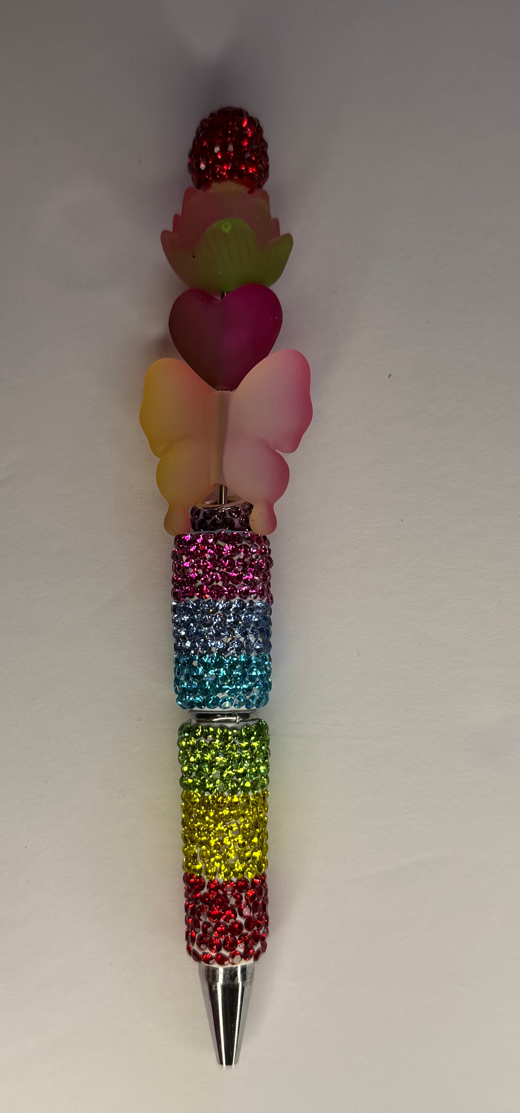 Rainbow rhinestone beaded pen with frosted butterfly and heart bead toppers