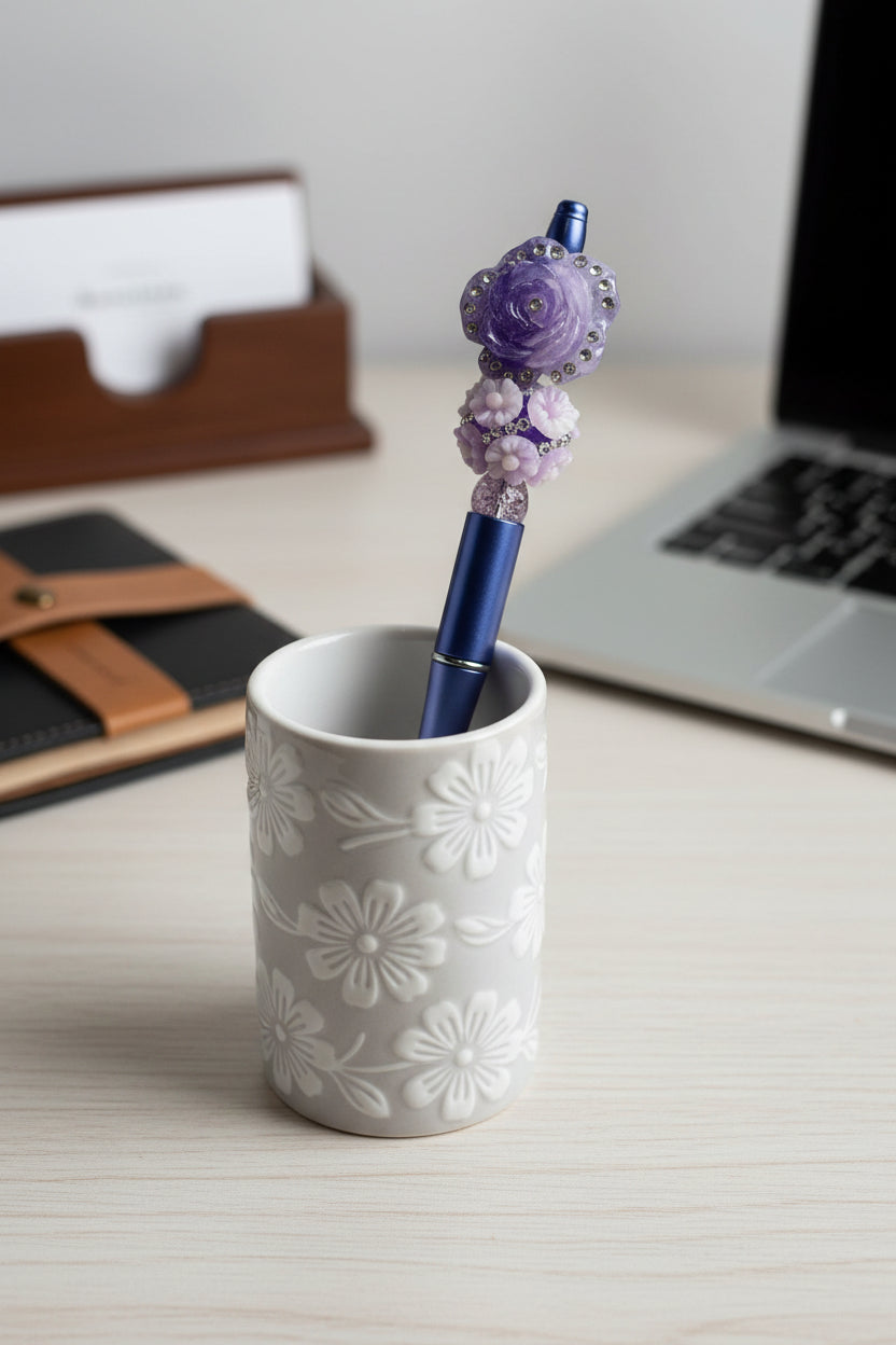 Purple rose floral beaded pen with crystal rhinestones and periwinkle blue barrel