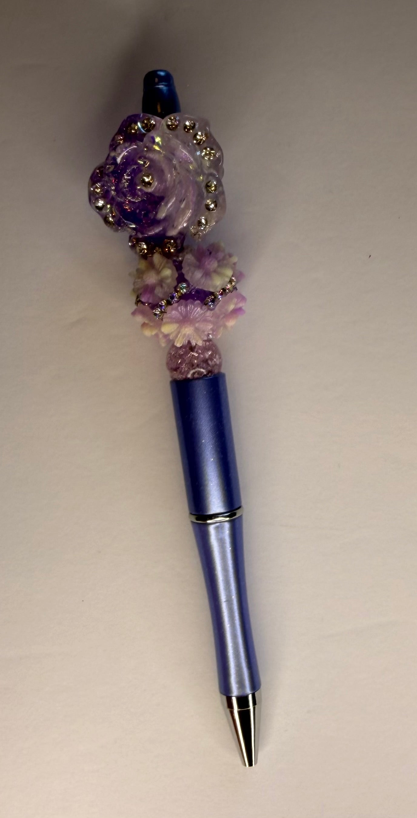 Purple rose floral beaded pen with crystal rhinestones and periwinkle blue barrel