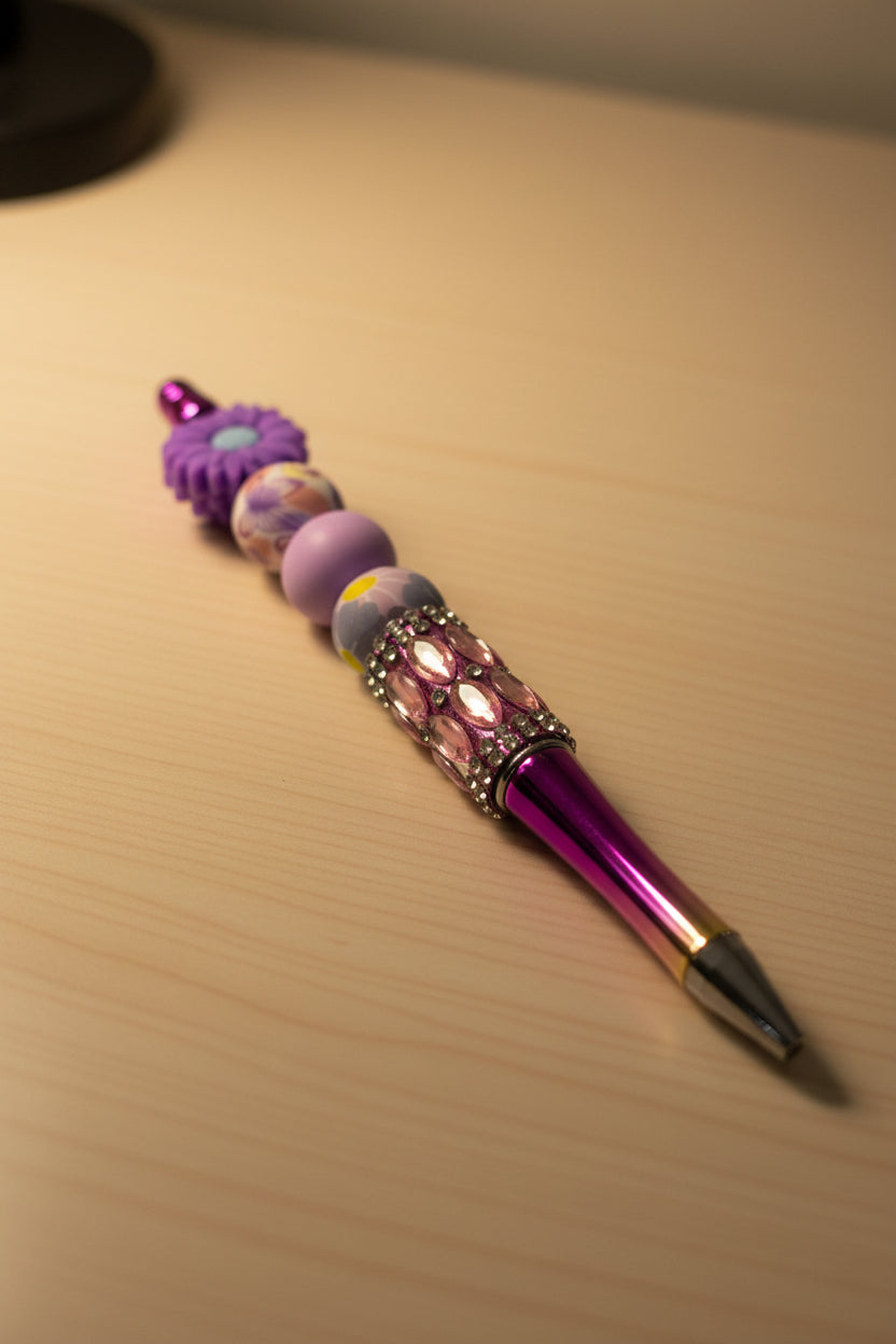 Purple daisy floral beaded pen with mauve rhinestone barrel and metallic purple body