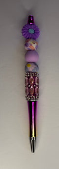 Purple daisy floral beaded pen with mauve rhinestone barrel and metallic purple body