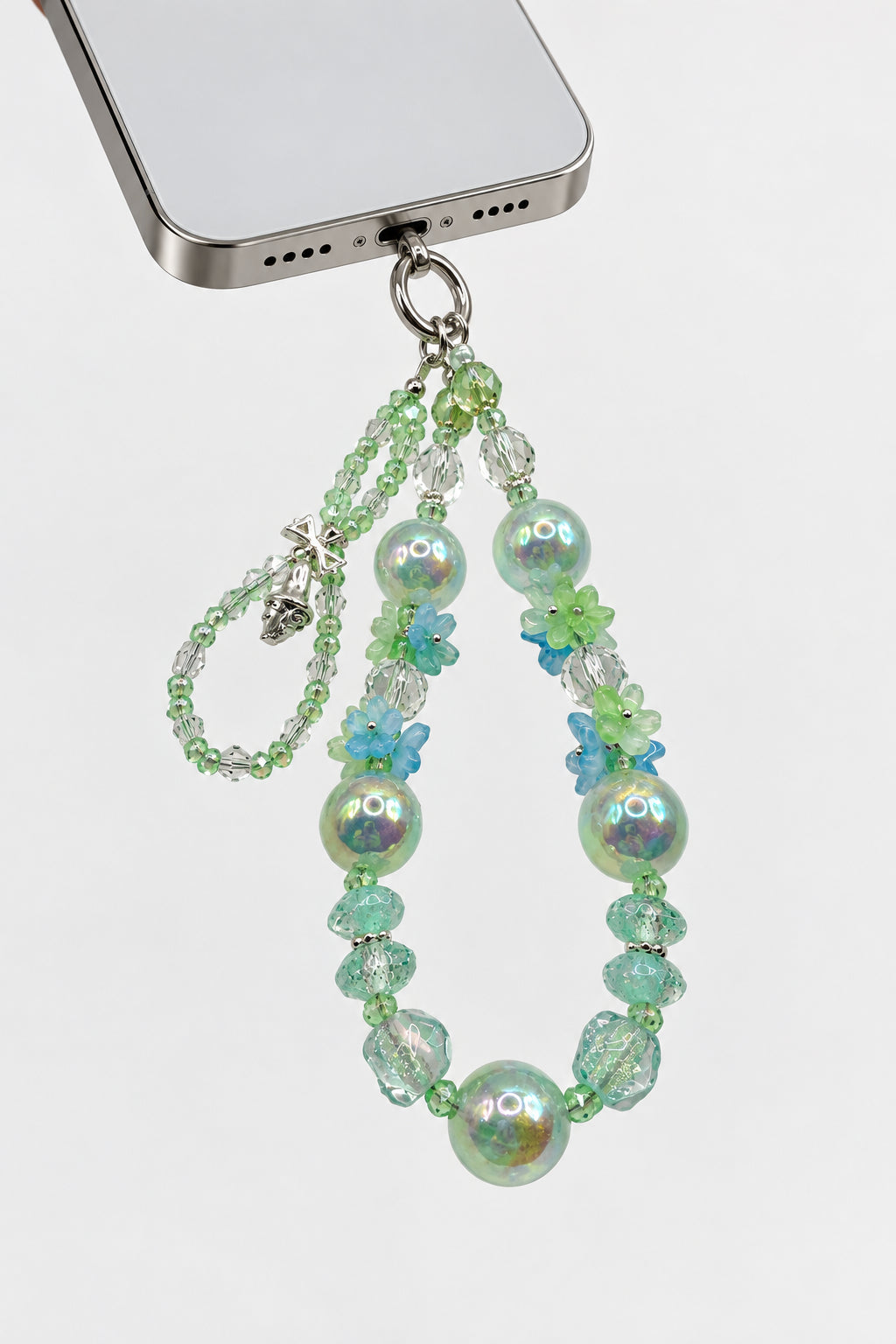 Mint green pearl and crystal phone wristlet with blue flower beads and silver bow charm