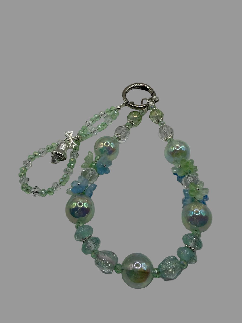 Mint Green Pearl & Crystal Phone Wristlet with Blue Flower Beads & Bow Charm
